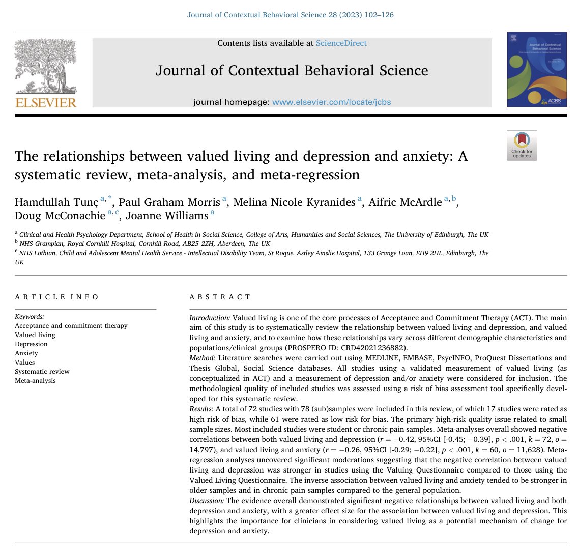 Publication Alert 🥳

📌Our meta-analysis on valued living, depression and anxiety is now published in #JCBS, the official journal of <a href="/myACBS/">Association for Contextual Behavioral Science</a>. 

🔗Here is the link for you to read/download/share the paper: sciencedirect.com/science/articl…
