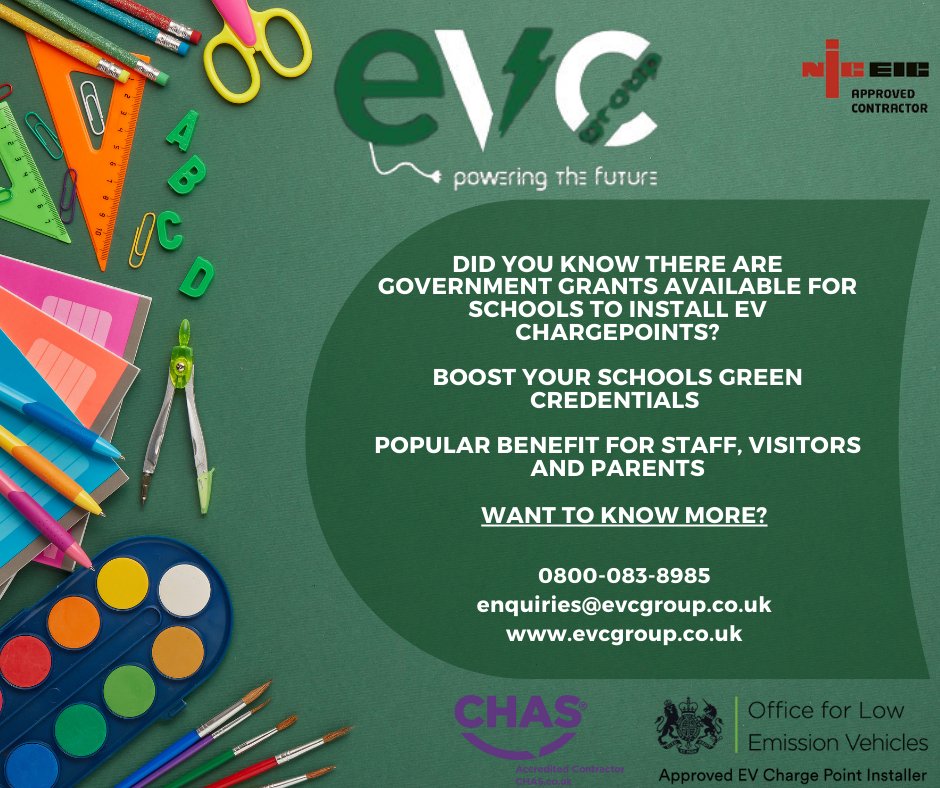 Help future proof your local school or academy! Contact us now to get an EV charger installed at your local school or academy during Easter ⚡️🔌🔋 0800 083 8985 enquiries@evcgroup.co.uk evcgroup.co.uk #ev #ElectricVehicles #evcharging #school #Easter2023 #HalfTerm