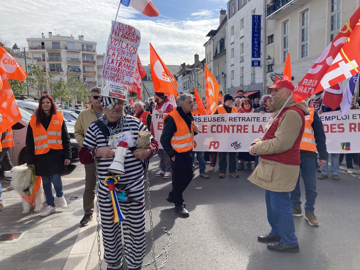 “Macron won’t listen unless we harden our protests,” says Patrick, 69, dressed as an inmate “chained to work”. He says pension protests in Montargis are “largest in living memory”