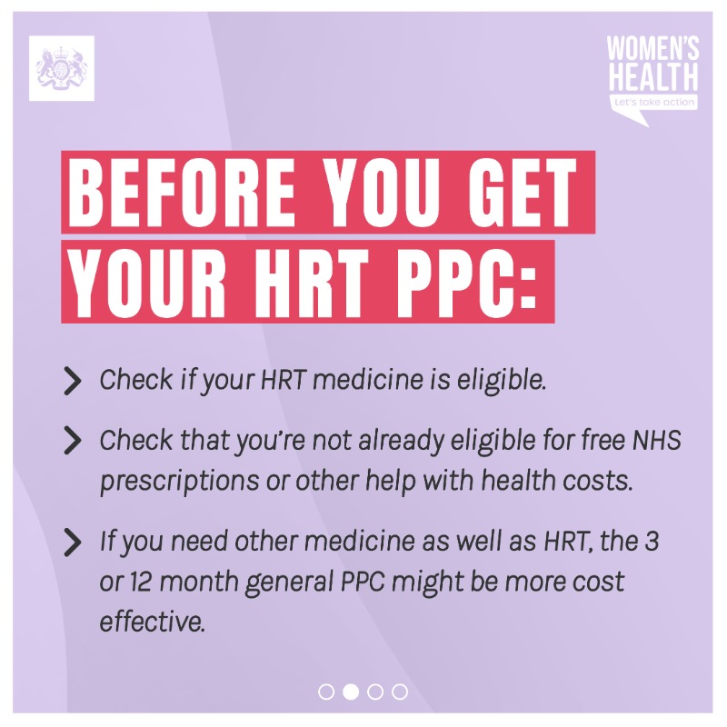 DHSCgovuk's tweet photo. 📅 From 1 April you’ll be able to get a HRT Prescription Prepayment Certificate (PPC) for HRT medicines.

It will cost the price of two single prescription charges and be valid for 12 months, reducing the cost of HRT to less than £20 a year.

See details 👇🏼