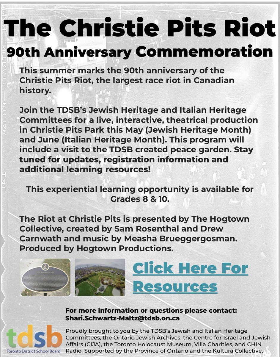 Calling all Grade 8 &amp; 10 students! Register today for Christie Pits Commemoration Experience for Jewish and Italian Heritage Months: docs.google.com/document/d/1vx…