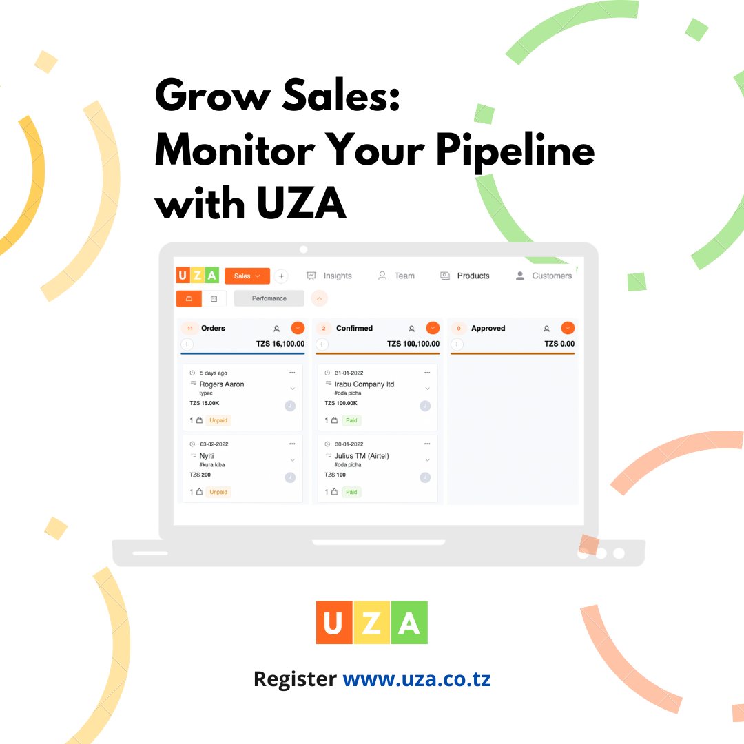 Work smart, work with tools.
Grow sales, monitor your leads and sale pipeline with UZA(uza.co.tz)