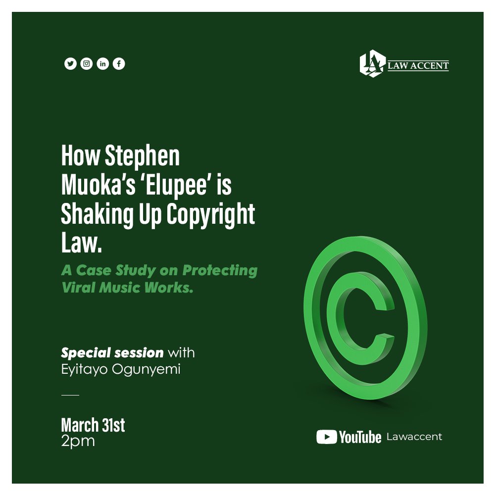lawaccent's tweet photo. Join us on March 31st, 2023 at 2pm for an engaging and informative session with Eyitayo Ogunyemi, as we delve into the world of copyright laws and learn how to protect viral music.
Click the link below to join
https://t.co/XYfs2WgLaI
#law #music https://t.co/UCzs4sSV5H