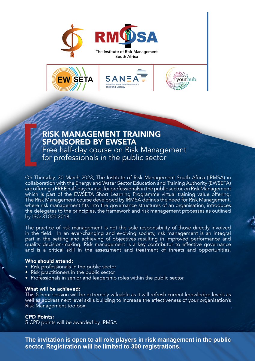 ewseta's tweet photo. IRMSA AND EWSETA ARE OFFERING A FREE HALF-DAY COURSE ON RISK MANAGEMENT FOR PUBLIC SECTOR PROFESSIONALS ON 30 MARCH 2023. Click here to register https://t.co/yyfBZKKNSy
#riskmanagement #EWSETA #IRMSA #publicsector #PartnershipsforImpact
Ts &C's Apply. https://t.co/vp2tdoJziC