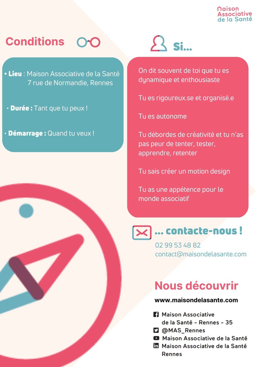 MAS_Rennes's tweet image. APPEL A BENEVOLE: CREATION MOTION DESIGN

La Maison Associative de la Santé recherche un.e #bénévole en #design #graphique ou #communication pour la création d'un motion design !

N'hésitez pas à diffuser l'annonce dans vos réseaux ! #recherche #bénévolat #motiondesign