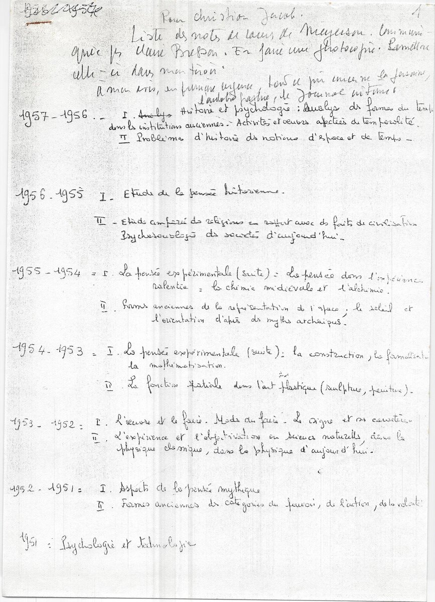 LieuxDeSavoir's tweet photo. #ArchivesPerso Je retrouve dans mon dossier #Meyerson la liste des notes de cours manuscrites d'Ignace Meyerson, établie par Claire Bresson, et que m'avait communiquée #Vernant (en 1986 ?): traces de 26 ans de recherches et d'enseignement.... (1/2) https://t.co/K91V3YWO2r