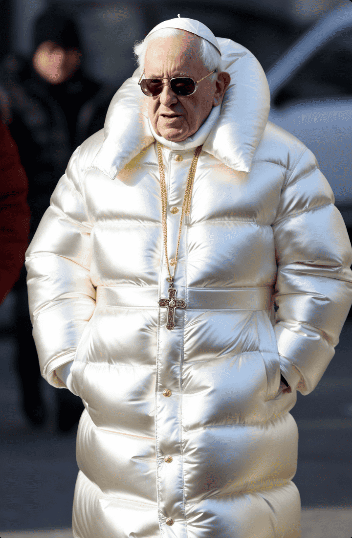 ThePromptist's tweet photo. The Pope wearing a full length white down shiny puffy jacket, gold cross jewelry, gold rings --q 2 --ar 2:3 --v 5 
~ Midjourney prompt by Mateusz Mateusz https://t.co/5xfK0CnCYe