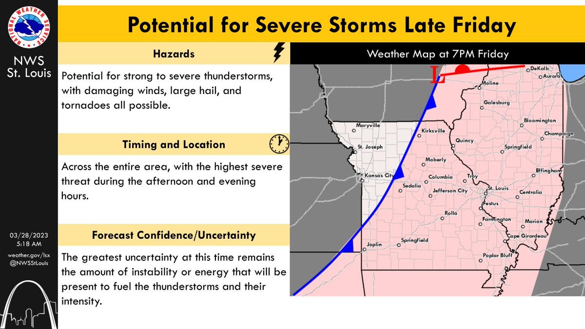 NWSStLouis's tweet photo. A cold front is expected to move thru late FRI, bringing a round of showers + thunderstorms 🌩️. Some of these storms may be strong to severe, w/ the main question mark continuing to be how much instability (energy) will be available. #stlwx #mowx #ilwx #midmowx https://t.co/vz5IqOth53