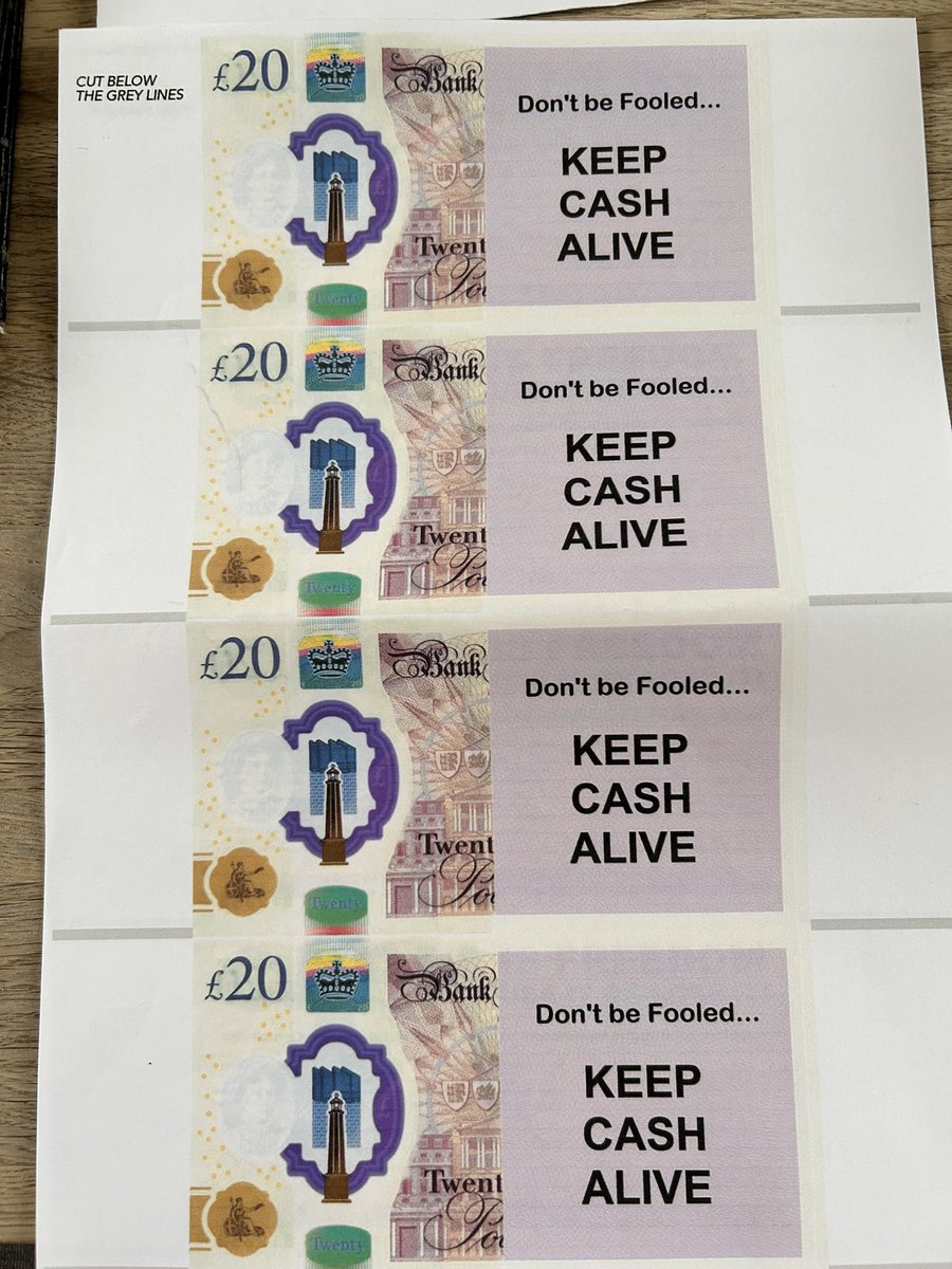 TheTruthHurtsN2's tweet photo. #KEEPCASHALIVE #PRINT THESE ON A4 And FOLD THEM SO THEY LOOK LIKE #20 #NOTES ONCE CUT OUT. When picked up and unfolded they get the #message. #Pubs #Asda #Tesco all #supermarkets and anywhere that says #CardOnly payment https://t.co/y6cPESe7JP