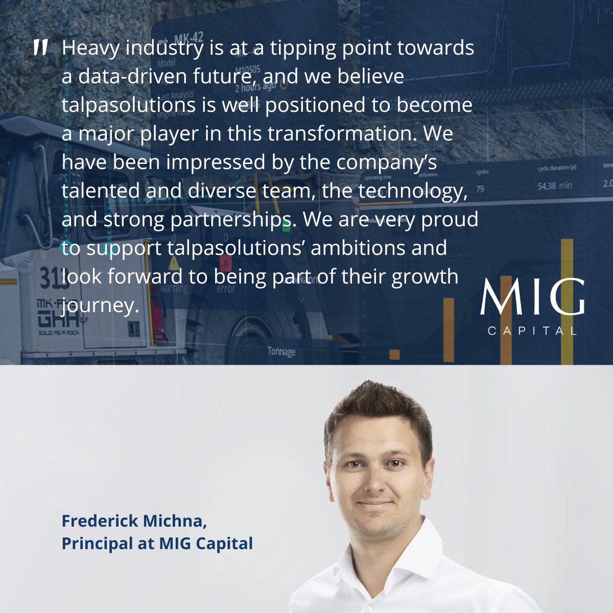 MIG__AG's tweet photo. Excited to announce that MIG Capital is leading a €15 million Series B financing round for @talpasolutions together with Bosch Ventures (Robert Bosch Venture Capital GmbH) to boost #industrialintelligence in #heavyindustry! 

#VisionsIntoValue #IIoT #AI #VentureCapital https://t.co/iSWit3PLdz