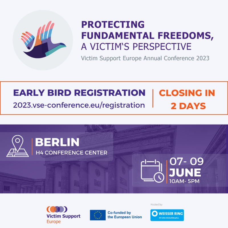 VictimSupportEU's tweet photo. ⌛ Register for #VSEAnnualConference2023 at a discounted rate until the 31st of March❗

Click here!📥 https://t.co/HL3veuQHfi
@weisser_ring @EUCommission

#VictimSupportEU #Victimsupport #EUvictimsrights #InPerson #Event #ShapingVictimSupportTogether #VSEAC2023