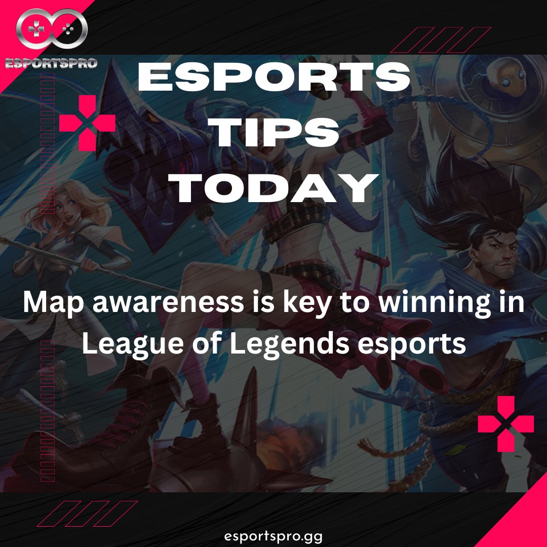 EsportsProESPRO's tweet photo. Want to climb the ranks in League of Legends? Keep your eyes on the map! Being aware of your surroundings is crucial for making informed decisions and securing the win.
#LeagueOfLegends #esports #MapAwareness #League_of_Legends #LeagueOfLegendsRP #leagueoflegendsart #Esport https://t.co/RICzNMnvwq