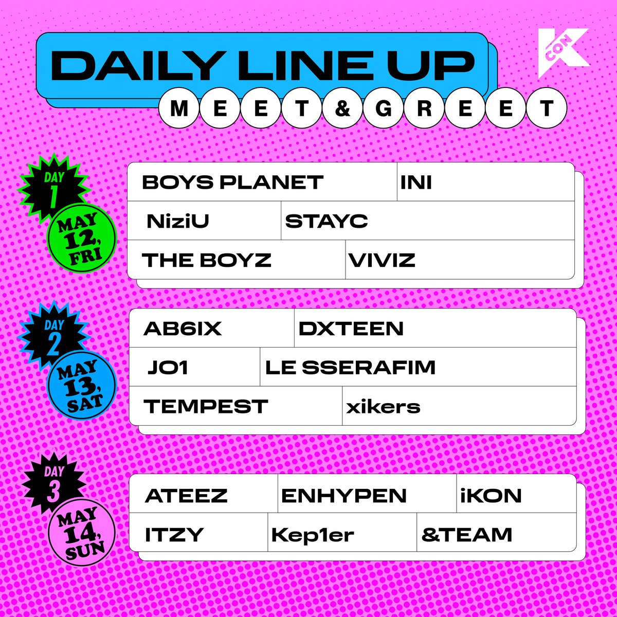 KCON 2023 JAPAN MEET &amp; GREET LINEUP has been revealed. 
Meet STAYC on Friday 12 May. Swith, let's meet us on that day!