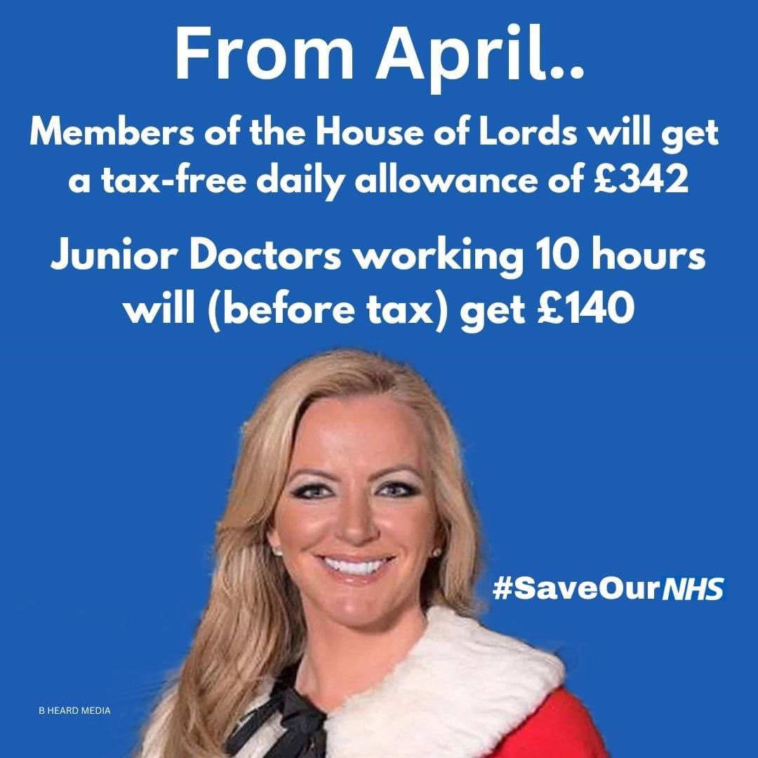 Junior Doctors working 10 hours will (before tax) get around £140, with no benefits! Junior doctors' pay has fallen in real terms by 26 per cent since 2008/09, it the Lords get a massive increase 
#ToryBrokenBritain #EnoughIsEnough 
#SaveOurNHS #PayRestoration 
#FairPayForNHS