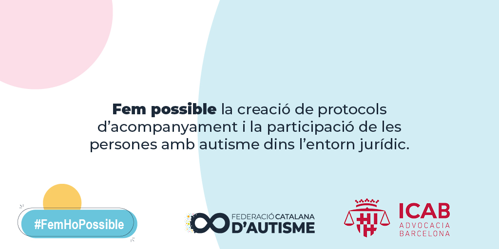 ICABarcelona's tweet image. ❗️Des de l&apos;Il·lustre Col·legi de l&apos;Advocacia de Barcelona ens adherim a la campanya #FemHoPossible de la @FedCatAutisme. 

🔴Fem possible que nens, nenes, joves, persones adultes i persones grans amb #autisme/autistes puguin tenir una vida de qualitat, serena i plena.