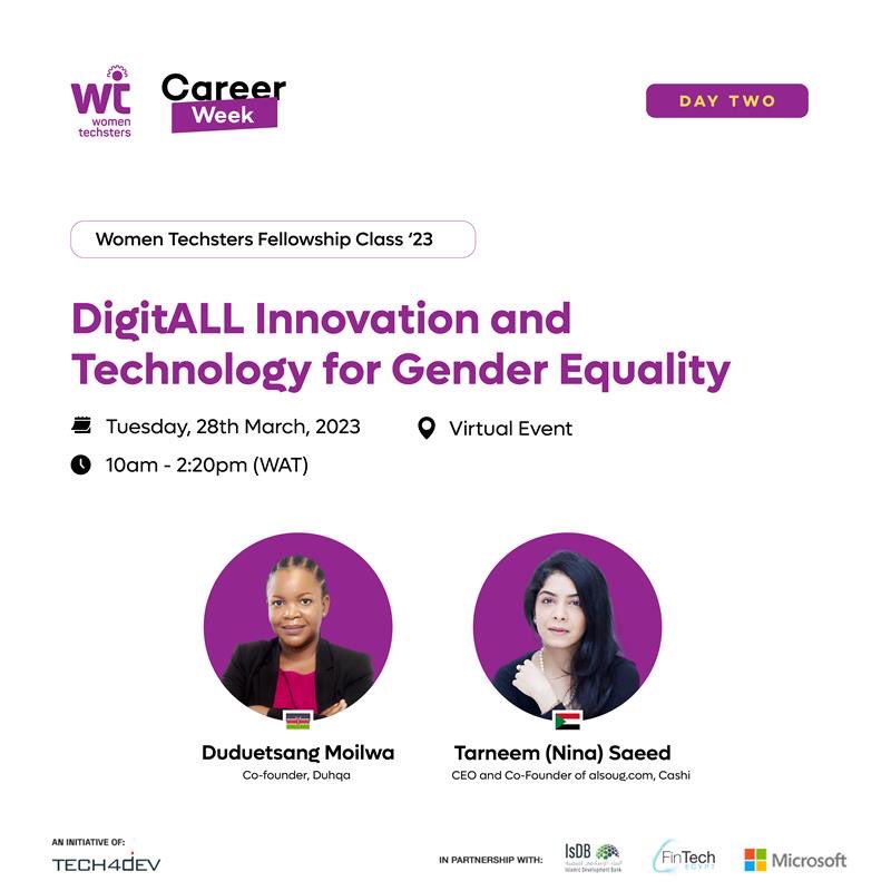 Tech4DevHQ's tweet photo. We're excited to announce our second fireside chat of the week is live.
We are super excited about this one as we will be discussing the topic "DigitALL; Innovation and Technology for Gender Equality" which is the theme for this years International Women's Day. https://t.co/qYN4bxET95