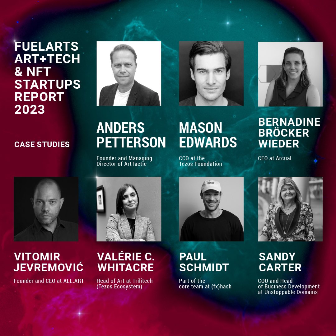 Gain valuable insights with case studies from our #FuelartsReport23 

▫️ Anders Petterson @ArtTactic  
▫️@EdwardsMason @TezosFoundation  
▫️@bjkbrocker @arcual_art  
▫️@vjevremovic @VRAllArt 
▫️@qaulv @fx_hash_ 
▫️@sandy_carter @unstoppableweb  
▫️Valérie C. Whitacre @trilitech