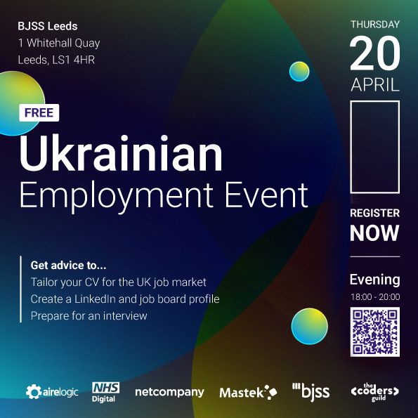 📢 What an amazing event that BJSS are hosting! 🤩 The event will offer people affected by the Ukrainian conflict an opportunity to understand more about the tech and digital community within Leeds 💻 📲 For more information and to register: hubs.li/Q01J2sKs0