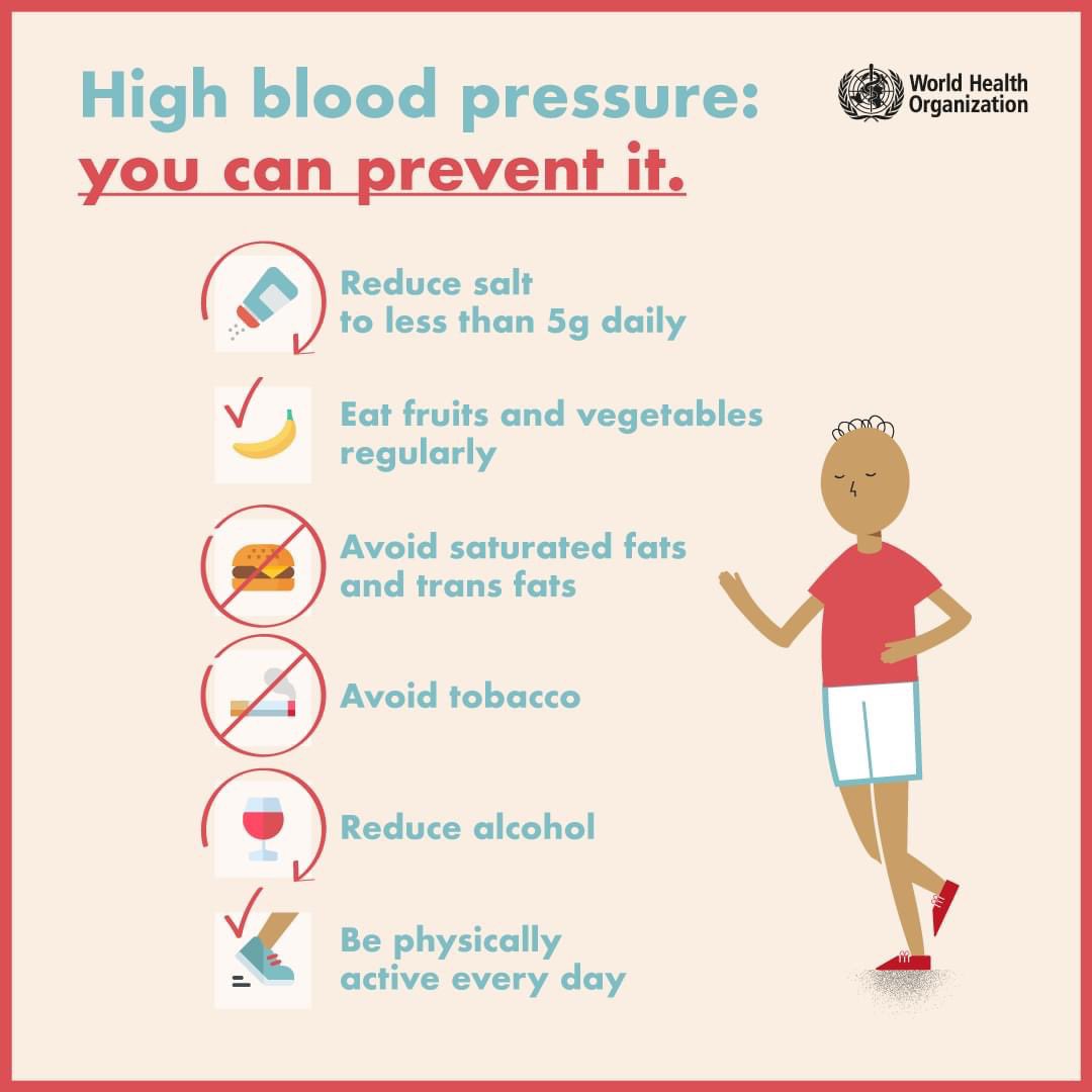GAService_'s tweet photo. This is how you can prevent high blood pressure:
❗️Reduce 🧂 to less than 5g/day
❗️Avoid saturated fats &amp; trans fats 🍔
❗️Avoid 🚬
❗️Reduce 🍷
❕Eat 🍎 and 🥦 regularly
❕Be active 🧘‍♀️🏊‍♂️ https://t.co/OVm6UxeMfH