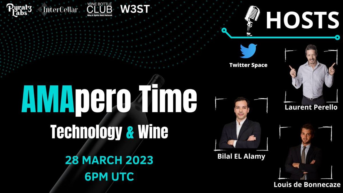 InterCellar_'s tweet photo. Don't miss our #TwitterSpace today with @PerelloLaurent @bilalelalamy @louloudbc🎙

We'll chat about technology and wine @Web3ST @WineBottleClub @PyraTzLabs @InterCellar_ 🍇

👉Set reminder here: https://t.co/Tq3IKq8Unh 

Grab a glass of wine and see you at 6pm CET! 🍷 https://t.co/RZcSiqPu2Q