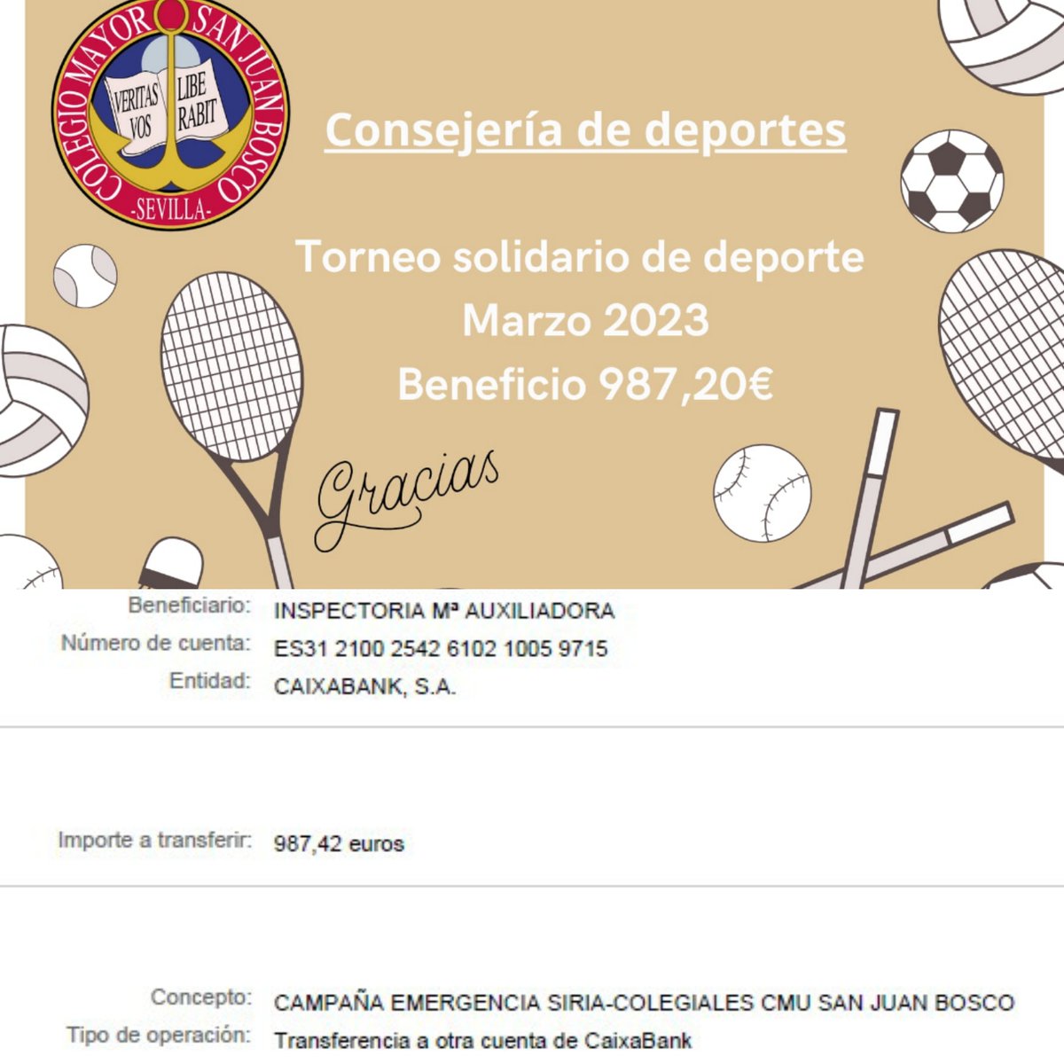 La recaudación del IV Torneo Deportivo Solidario del <a href="/mayordonbosco/">CMU SAN JUAN BOSCO</a> destinada íntegramente a los afectados del terremoto en Siria y Turquía 💪 . 
En su nombre, ¡Gracias a los que habéis colaborado con este granito de arena! 🙌🙌 <a href="/AtlasGimnasio/">Atlas Gimnasio</a> <a href="/SalesianosSMX/">Salesianos SMX - #UnSueñoParaTi</a> #EmergenciaSiria