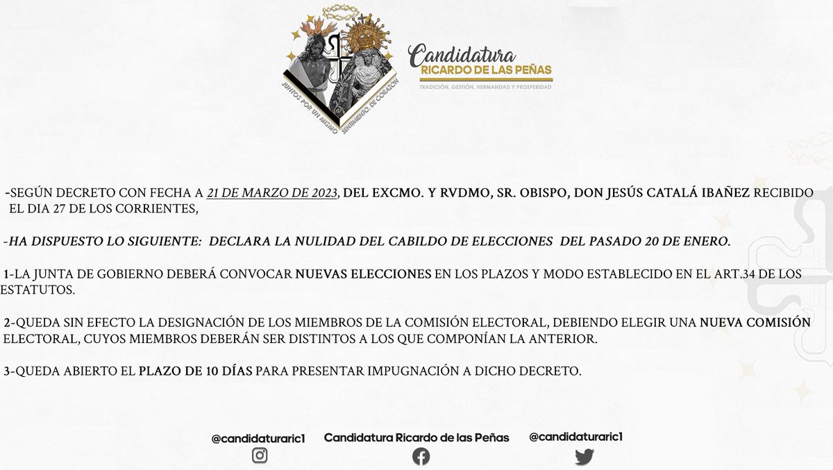 Comunicado relativo a la nulidad del Cabildo de Elecciones.

#CofradíasMLG
#HumillacionEstrella
#semanasantamalaga
#SemanaSantaMLG
#Candidaturaricardo