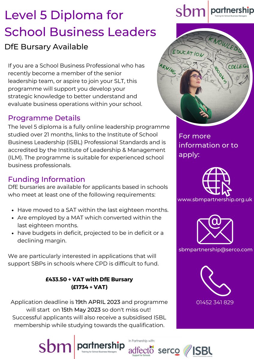 SBMPartnership's tweet photo. Our Level 5 Diploma for School Business Leaders is now available!

Application deadline is 19th April 2023 - DON'T MISS OUT!

@educationgovuk bursaries are available to applicants who meet requirements.

For more information: https://t.co/willXHJ5B4

#SBM #leadership #schools https://t.co/T9EFYkf8uL