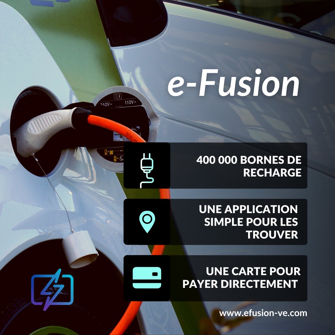 e-Fusion, c'est :

- 400 000 bornes de recharge 🔌
- une application simple pour les trouver📱
- une carte pour payer directement sur sa facture d’électricité à la fin du mois 💳

Lien de notre site en bio ! 👆