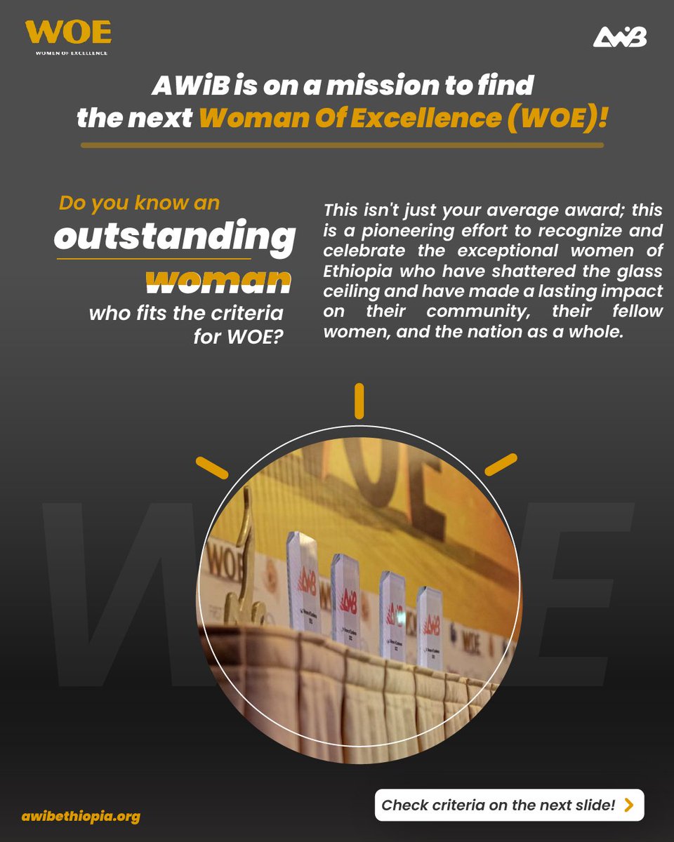 AWiBEthiopia's tweet photo. Let's celebrate the exceptional women of Ethiopia and inspire the next generation of trailblazers! 💪🏾

The nominations for the annual Women of Excellence awards are now open! Please forward your nominations to 0947350259 or email info@awibethiopia.org 

Deadline is on March 31st https://t.co/jB4MeGZWXv