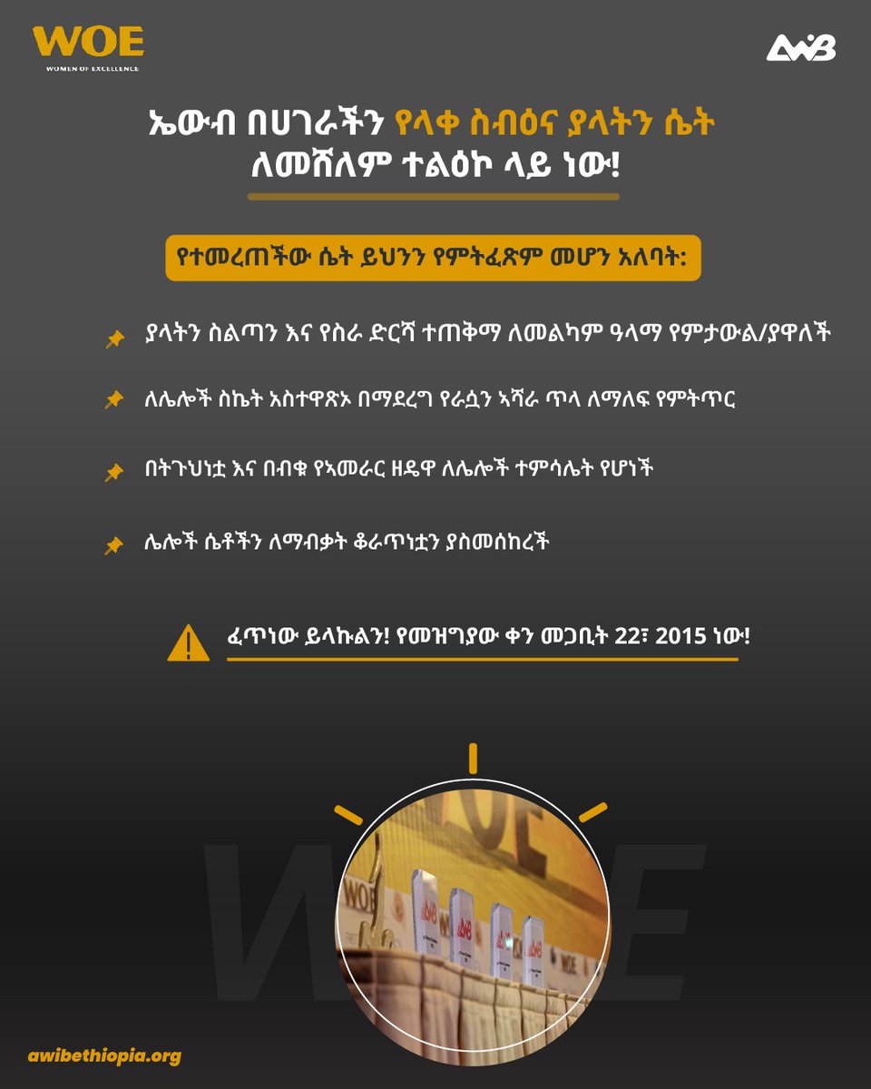 AWiBEthiopia's tweet photo. Let's celebrate the exceptional women of Ethiopia and inspire the next generation of trailblazers! 💪🏾

The nominations for the annual Women of Excellence awards are now open! Please forward your nominations to 0947350259 or email info@awibethiopia.org 

Deadline is on March 31st https://t.co/jB4MeGZWXv