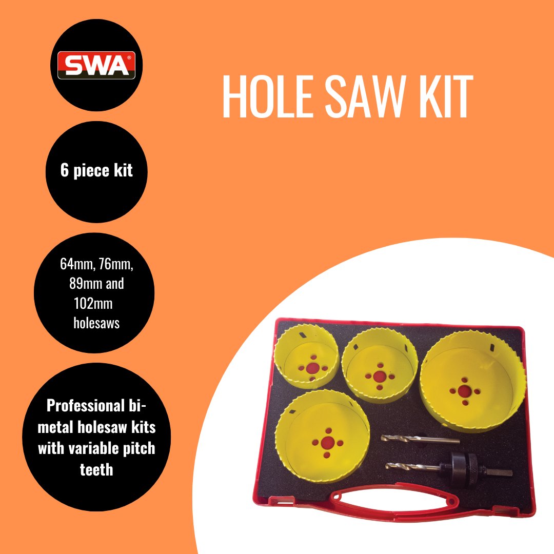 Professional bi-metal holesaw kits with variable pitch teeth

HSK2
6 piece kit contains:
64mm, 76mm, 89mm, 102mm holesaws
1 x ARBOR10
1 x 1/4" x 4" spare HSS pilot drill

Smaller holesaw kit also available