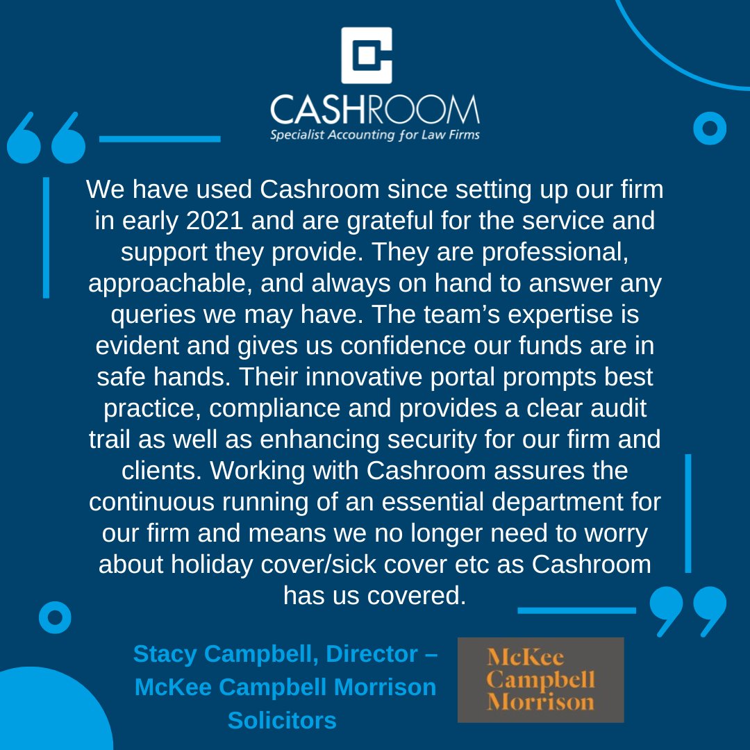 CashroomLtd's tweet photo. #FeedbackFriday McKee Campbell Morrison Solicitors, a modern law firm with decades of experience, have used Cashroom since setting up their firm in early 2021 and are grateful for the service and support we provide.

https://t.co/3Ck7gLmSh2 #Cashiering #Outsourcing #LawFirm https://t.co/y51JjhUSD5