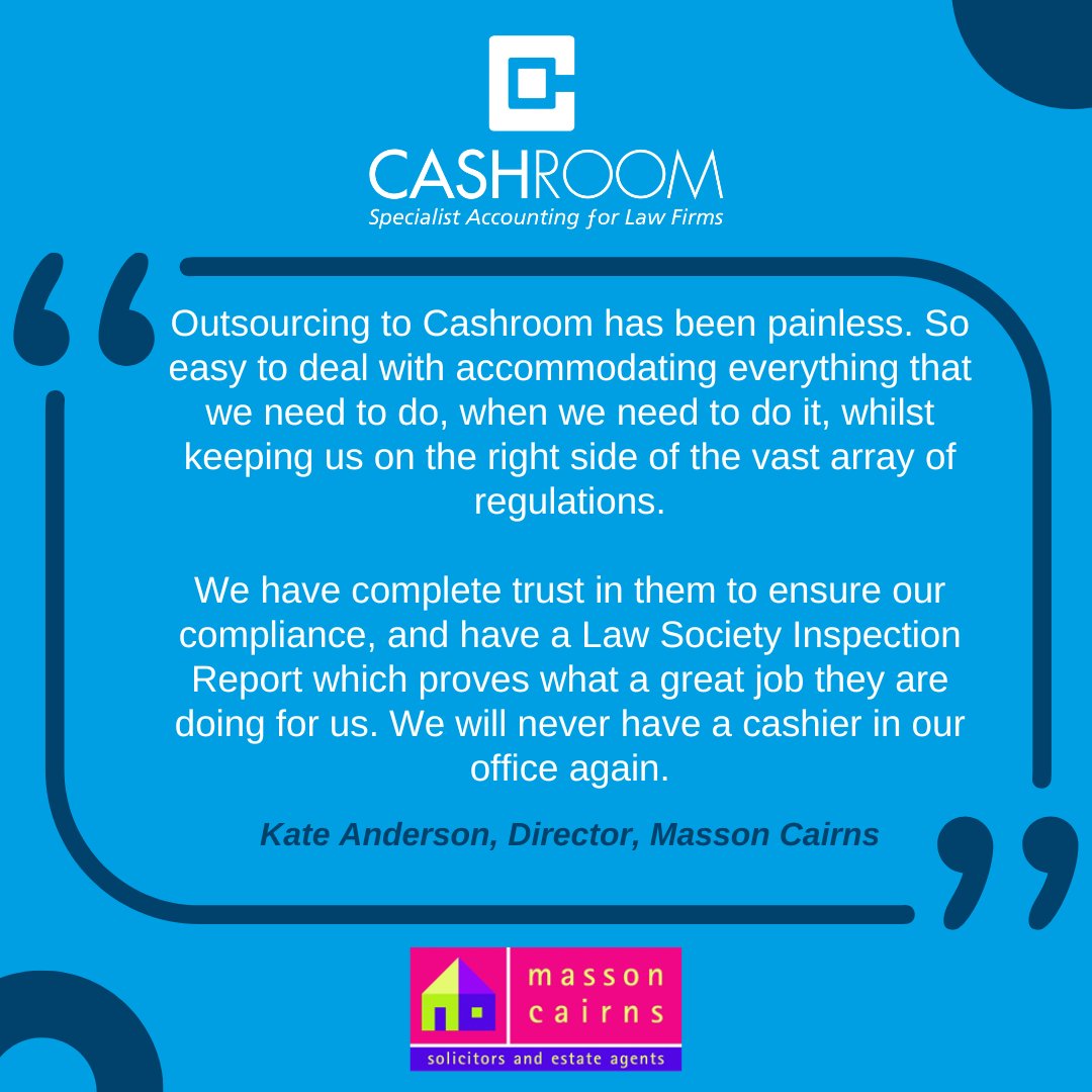 CashroomLtd's tweet photo. #FeedbackFriday Masson Cairns, legal and property services specialists, describe how simple the process of outsourcing to Cashroom has been.  

For a confidential chat about how sourcing may help your firm, please get in touch. https://t.co/3Ck7gLmSh2 #Cashiering #Outsourcing https://t.co/xUyCbBqUzt