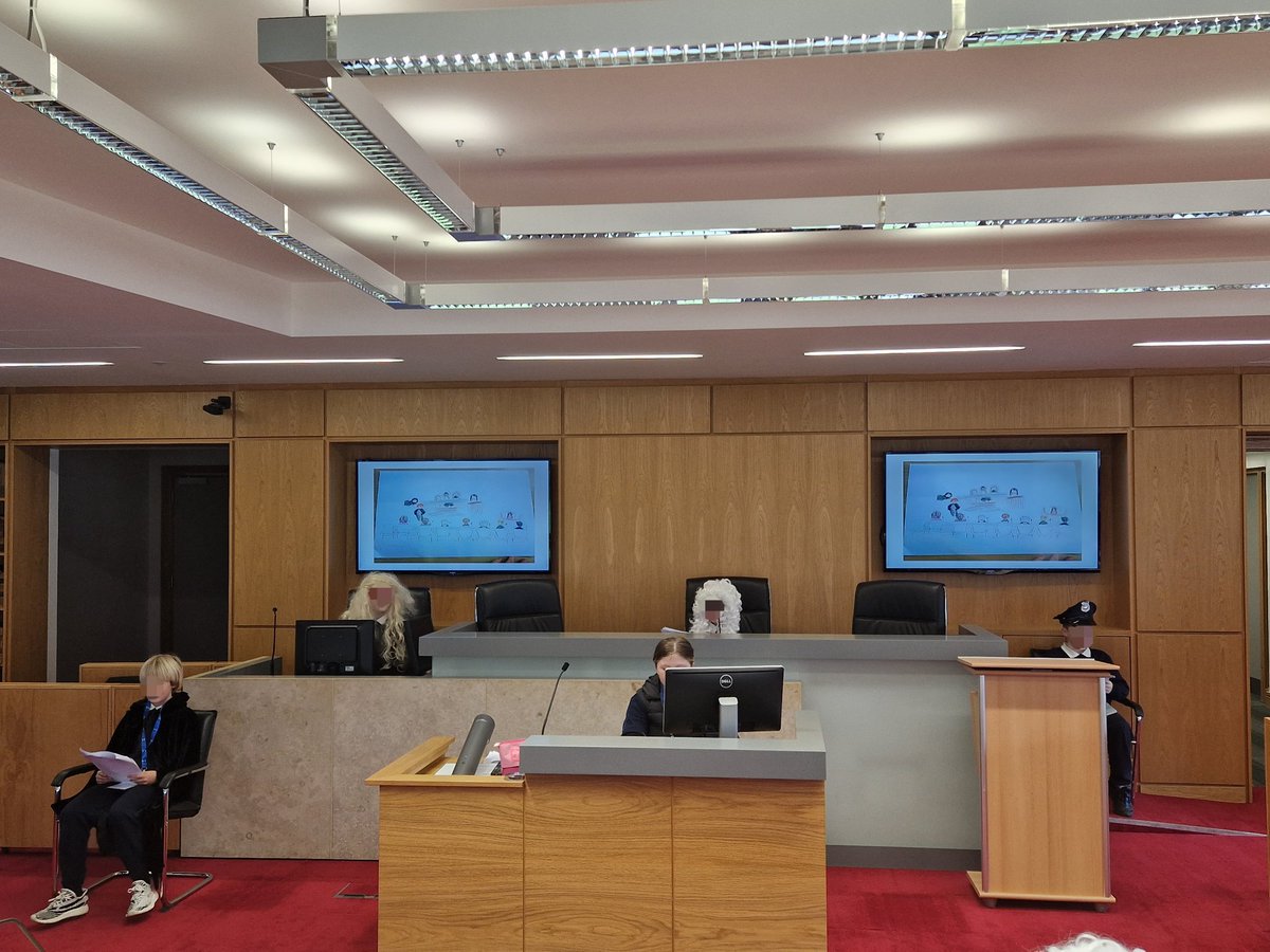 UCDforALL's tweet photo. The case of Mr.Wolf V Mr.Pig is now in session. As students from Holy Spirit Primary School take part in the Moot Court Trial in @UCDLawSchool with the students from the Law in the Classroom module.

#ucdforall #pathwaystoprofessions #ucdlaw https://t.co/9t7EAwmyns