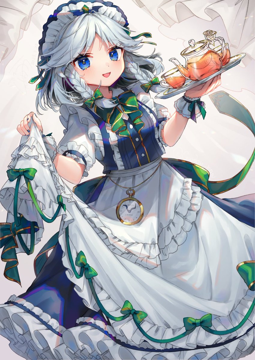 izayoi sakuya teapot 1girl maid headdress apron blue eyes bow tray  illustration images