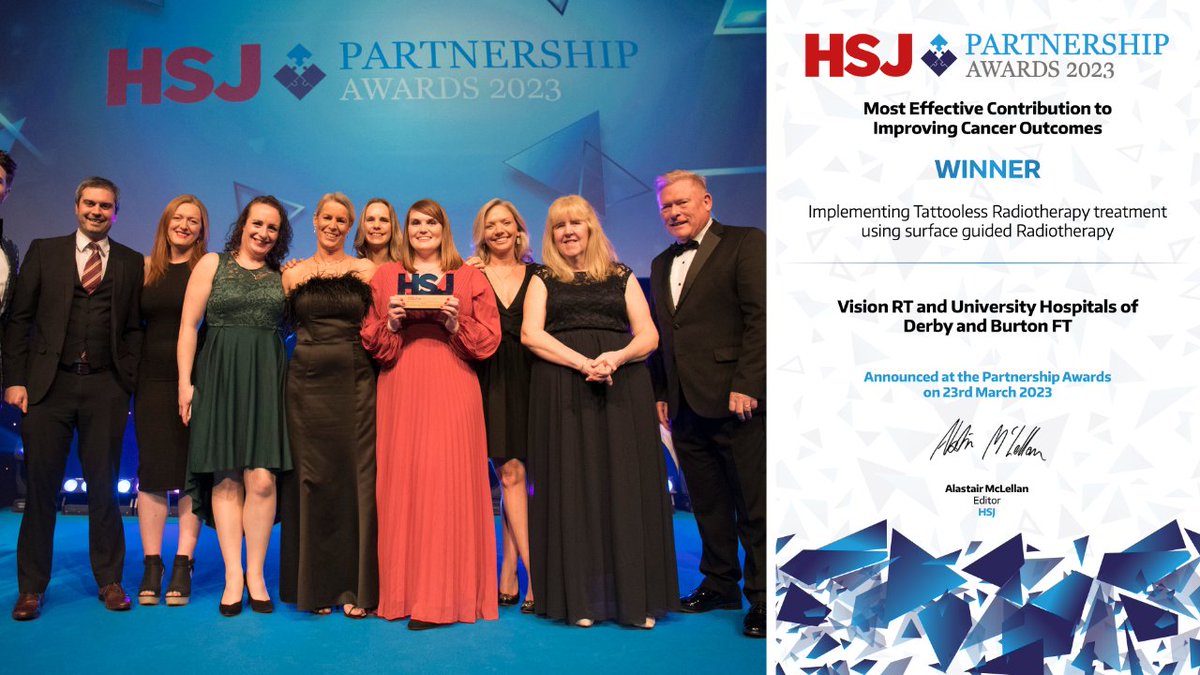 Last Thursday, Vision RT and @UHDBTrust accepted the 'Most Effective Contribution to Improving Cancer Outcomes'. We are proud to have been recognised in this category and hope to continue this work in the NHS & beyond. Read more: ow.ly/Phmi50NsOYQ #HSJPartnershipAwards