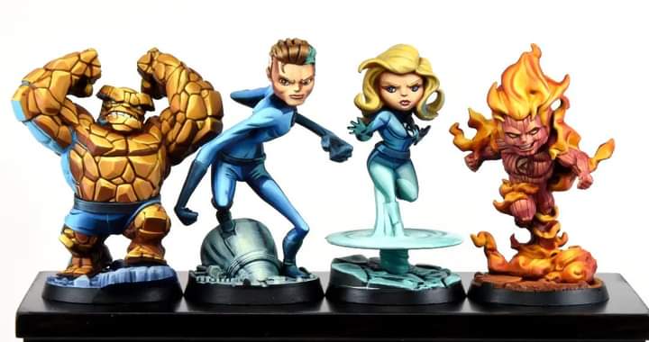 Fantastic Four from Marvel United.

They were painted for some private tutorials. 
It's not a finished work.
.

#MarvelUnited #chibi #marvelstudios #marvel #miniaturepainting #PaintingWarhammer #fantasticfour#firstfamily