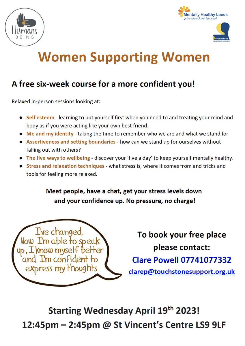 Free six week course to help women increase confidence and reduce stress. Relaxed, in person sessions
Starts Weds 19 April  <a href="/StVincentsLeeds/">St Vincent's Centre Leeds</a> @LinkingLeeds <a href="/Touchstone_Spt/">Touchstone</a>  <a href="/WHMLeeds/">Women's Health Matters</a> <a href="/leeds_women/">Women & Girls Alliance Leeds</a> <a href="/togetherwomen/">Together Women</a> <a href="/MHealthyLEEDS/">Mentally Healthy Leeds</a> @HWLeeds