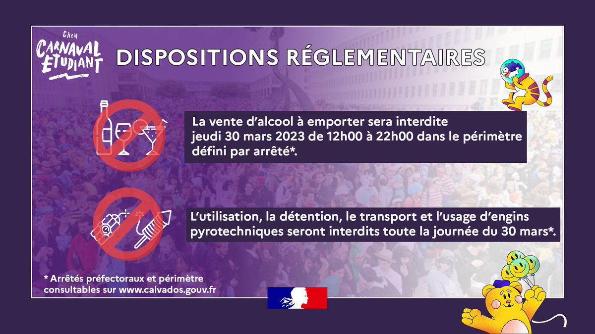 DISPOSITIONS REGLEMENTAIRES : 
Dans le cadre du #carnavalétudiant le <a href="/Prefet14/">Préfet du Calvados</a> a pris des dispositions réglementant la vente d'alcool à emporter et l'utilisation d'engins pyrotechniques🎆🧨, jeudi 30 mars  ➡️ calvados.gouv.fr/Actions-de-l-E…