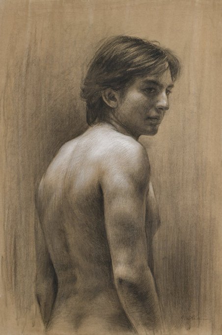 男性ヌード習作木炭、白コンテ、着彩紙　56.4×37.8cmイタリア留学時に知り合った12歳の少年も早や26歳。継続的に