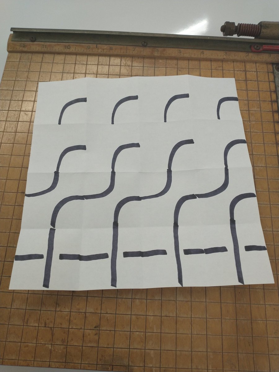 shskaercher's tweet photo. Adding another analog piece to this. Fold a square piece of paper into a 4x4 grid. Draw a bunch of Knot Tiles. Cut them up, roll the dice, and #playwithmath! https://t.co/qQWlBXv5fx