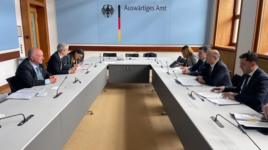 ParvizShahbazov's tweet photo. At a meeting with Jacob Blitshtein, director general of Israel's Ministry of Energy, in Berlin, prospects for expanding #EnergyCooperation were discussed. Israeli companies specializing in the field of #CleanEnergyTechnologies were invited to cooperate with Azerbaijan. https://t.co/So82DHDkOf