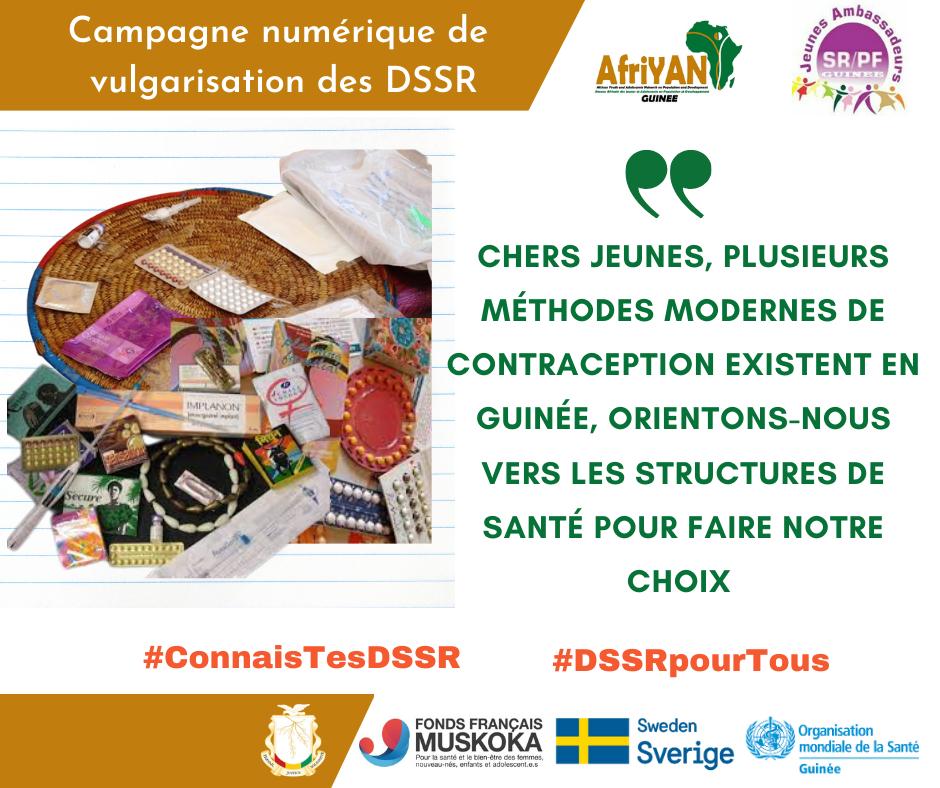 Chers jeunes, 
Plusieurs méthodes modernes de contraception existent en Guinée.
Orientons-nous vers les structures de santé pour faire notre choix.
#ConnaisTesDSSR
#DSSRpourTous

<a href="/guinee_oms/">OMS Guinée</a>
<a href="/ffmuskoka/">FondsMuskoka</a>
<a href="/sweden/">Sweden</a>
<a href="/jasrpfguinee/">Réseau JA SR/PF Guinée</a>