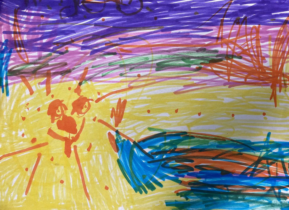 BettyMayers2's tweet photo. I asked a friend to tell me about her drawing. She shared that she was thinking of a time at the beach with her family & that one day they stayed until it became dark & this is how she remembers the sky. Don’t just tell children their work is pretty! #iseeit #playiswork #sunset https://t.co/rl3qEeBwEd