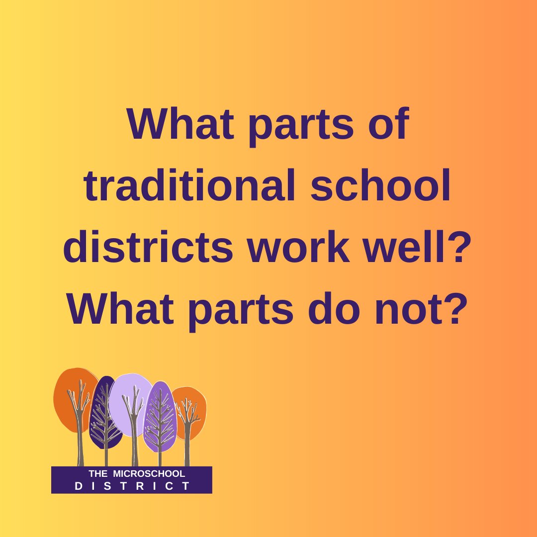 Think of the traditional elements of a school district.
What parts do you think have value?  What parts do not?  Why do you think that?

#microschooldistrict #velaedfund #microschool #reshapeeducation #smallschool #microschools #grow #change #evolve #educationevolution