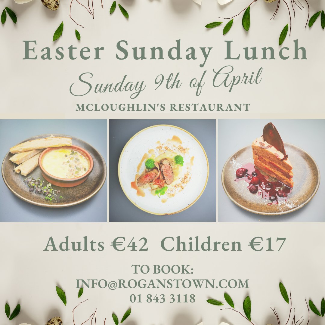 Roganstown Hotel (@roganstown) on Twitter photo Enjoy a delicious traditional Easter Sunday Lunch with the family at Roganstown Hotel on Sunday 9th of April. We have a great 3 course lunch menu followed by tea & coffee priced at €42 for adults and €17 for children. To book call 01 843 3118 or e-mail info@roganstown.com. Enjoy a delicious traditional Easter Sunday Lunch with the family at Roganstown Hotel on Sunday 9th of April. We have a great 3 course lunch menu followed by tea & coffee priced at €42 for adults and €17 for children. To book call 01 843 3118 or e-mail info@roganstown.com.