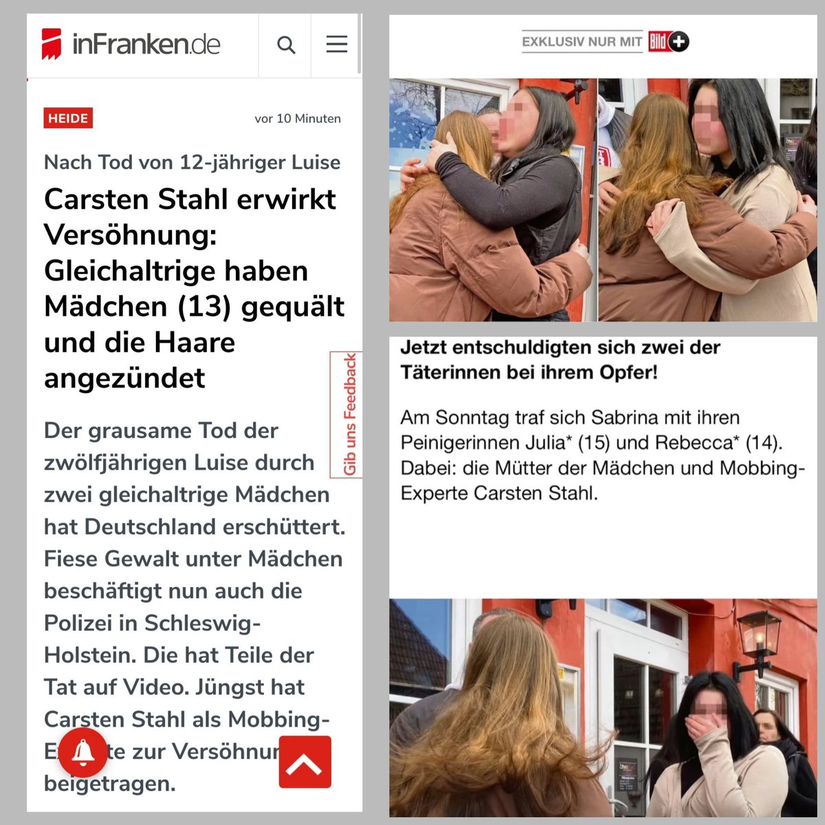 Carsten_Stahl_1's tweet photo. Wir haben alle drei Mädchen wieder zusammengeführt, und den Tätererinnen geholfen zu erkennen das Richtige zu tun.

Mobbing und Gewalt kann man nur mit Offenheit, und durch zielgerichtete, wirksame, und nachhaltige Prävention und Aufklärung verhindern und langfristig stoppen.

Das Totschweigen und Verharmlosen von Mobbing und Gewalt, macht alles nur noch schlimmer und kann tödlich enden !!!

Stoppt Mobbing bevor Menschen zu Opfern und Tätern werden.

Carsten Stahl 

Bündnis Kinderschutz & Stoppt Mobbing in Deutschland und Österreich 

https://t.co/UXtFmgFUwv

https://t.co/GOUtVtdkch