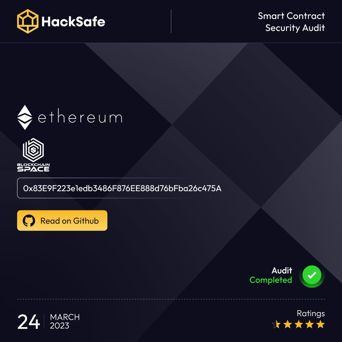 Hacksafe_'s tweet photo. Security audit for the Smart Contract Of BLOCKCHAINSPACE has been completed by #HackSafe ✅
Request our service at : https://t.co/0BFgtFmKLC
Read BLOCKCHAINSPACE Audit report : https://t.co/hcsAbOXUCi
Know more about : https://t.co/Q9flzexaYS
#Smartcontract #cryptocurrency #ETH https://t.co/M99sqG24vZ