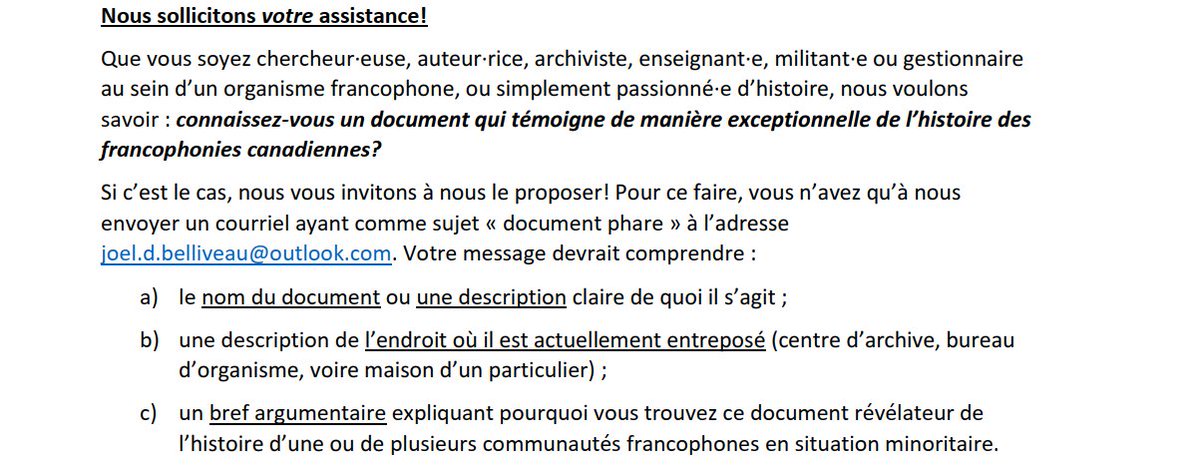 laurapelletierb's tweet photo. Vous êtes chercheur∙euse, auteur∙rice, archiviste, enseignant∙e, militant∙e, gestionnaire d’organisme francophone ou passionné∙e d’histoire et connaissez un document témoignant de l’histoire des francophonies canadiennes? Contactez joel.d.belliveau@outlook.com #frcan https://t.co/i5UpqRSEvd