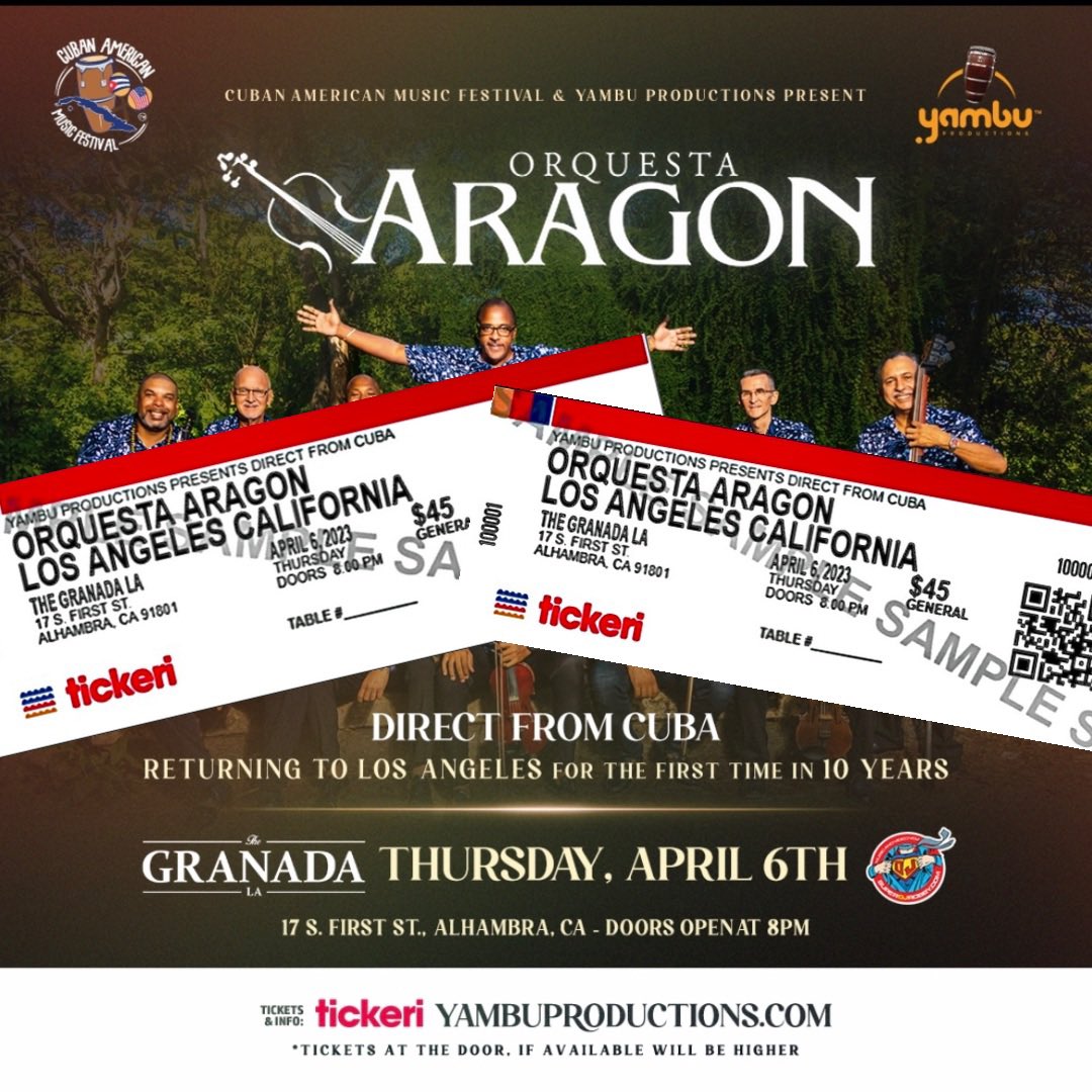 Special Offer: 2 General Admission tickets for $60 
*Offer expires: Thursday, March 30
Orquesta Aragon Direct from Cuba
Returning to Los Angeles for the first time in 10 years
Thursday, April 6th at The Granada 17 S. First St., Alhambra, CA
tix &amp; info: bit.ly/aragon2023